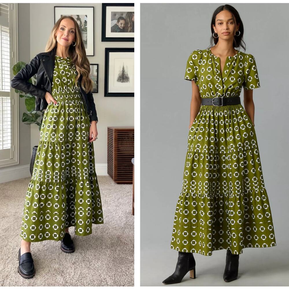 ANTHROPOLOGIE The Somerset Maxi Dress Cotton Poplin Olive Green Mod Print {R12}